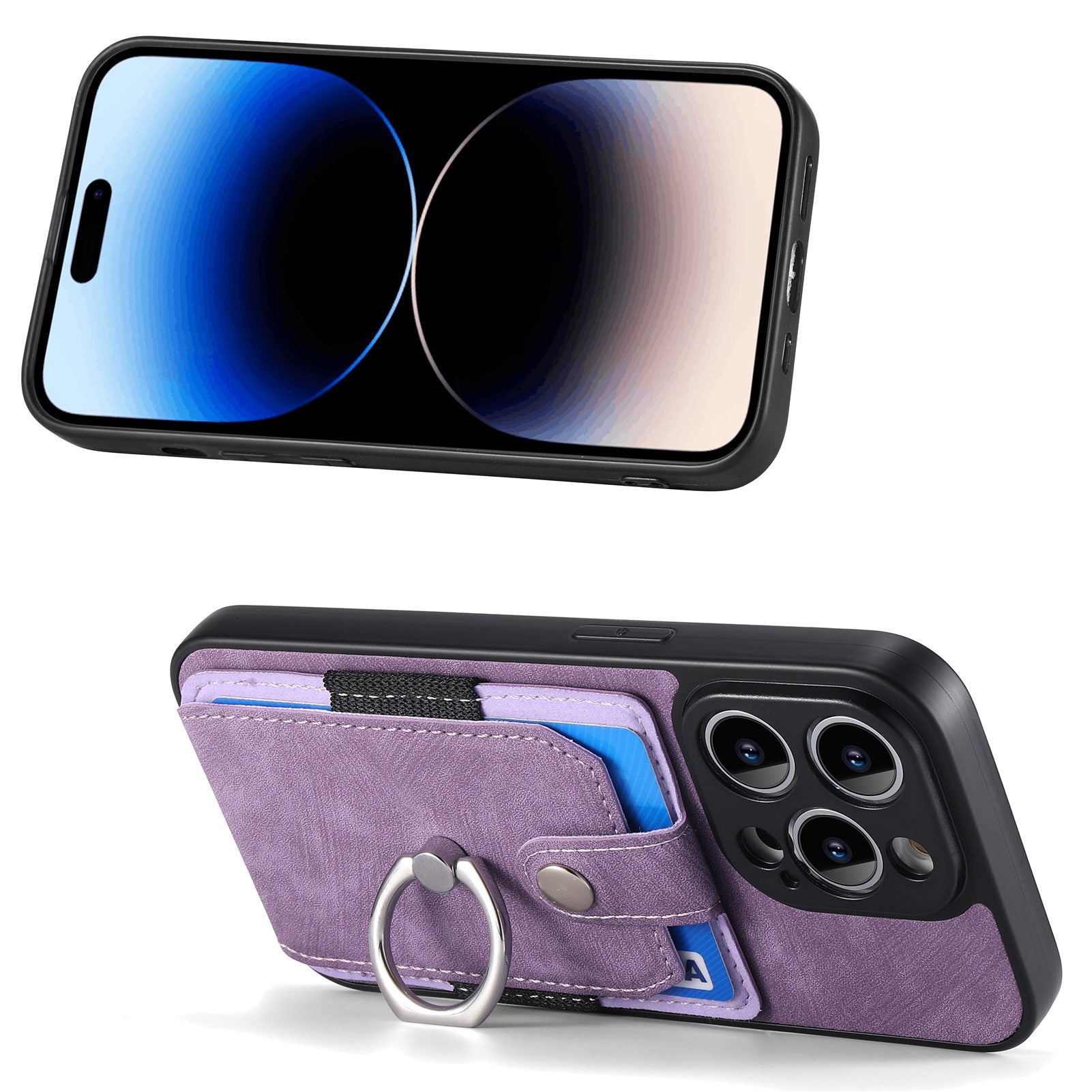 For iPhone 14 Pro Max Rotation Ring Kickstand Cover PU Leather Coated PC+TPU Phone Case with Card Holder For iPhone 14 Pro Max Rotation Ring Kickstand Cover PU Leather Coated PC+TPU Phone Case with Card Holder